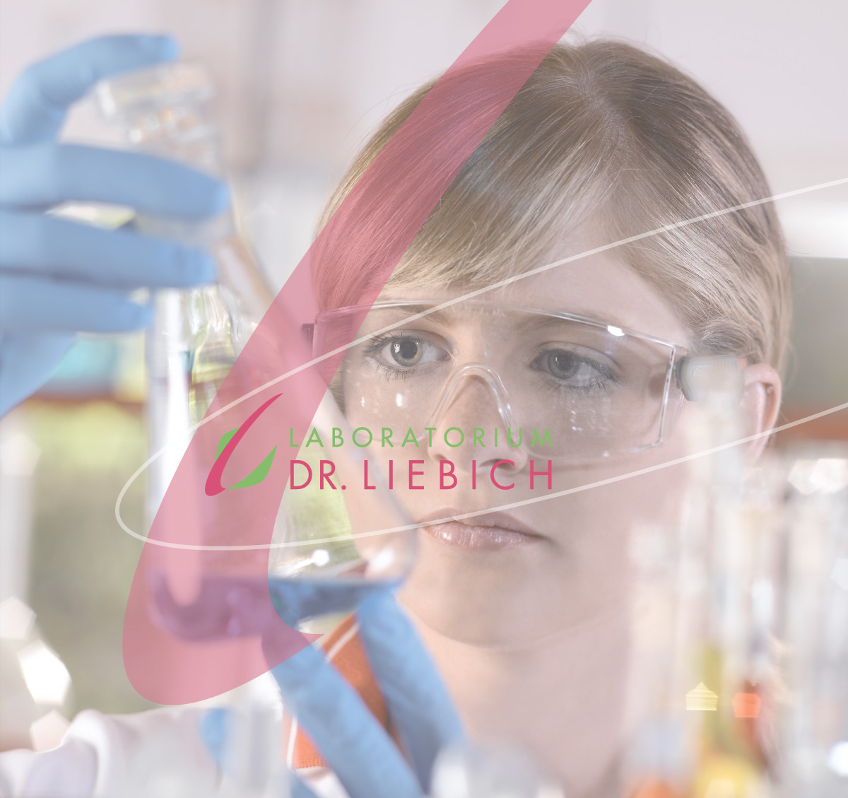 Laboratory staff checking the contents of a flask with the logo of Laboratorium Dr. Liebich on top